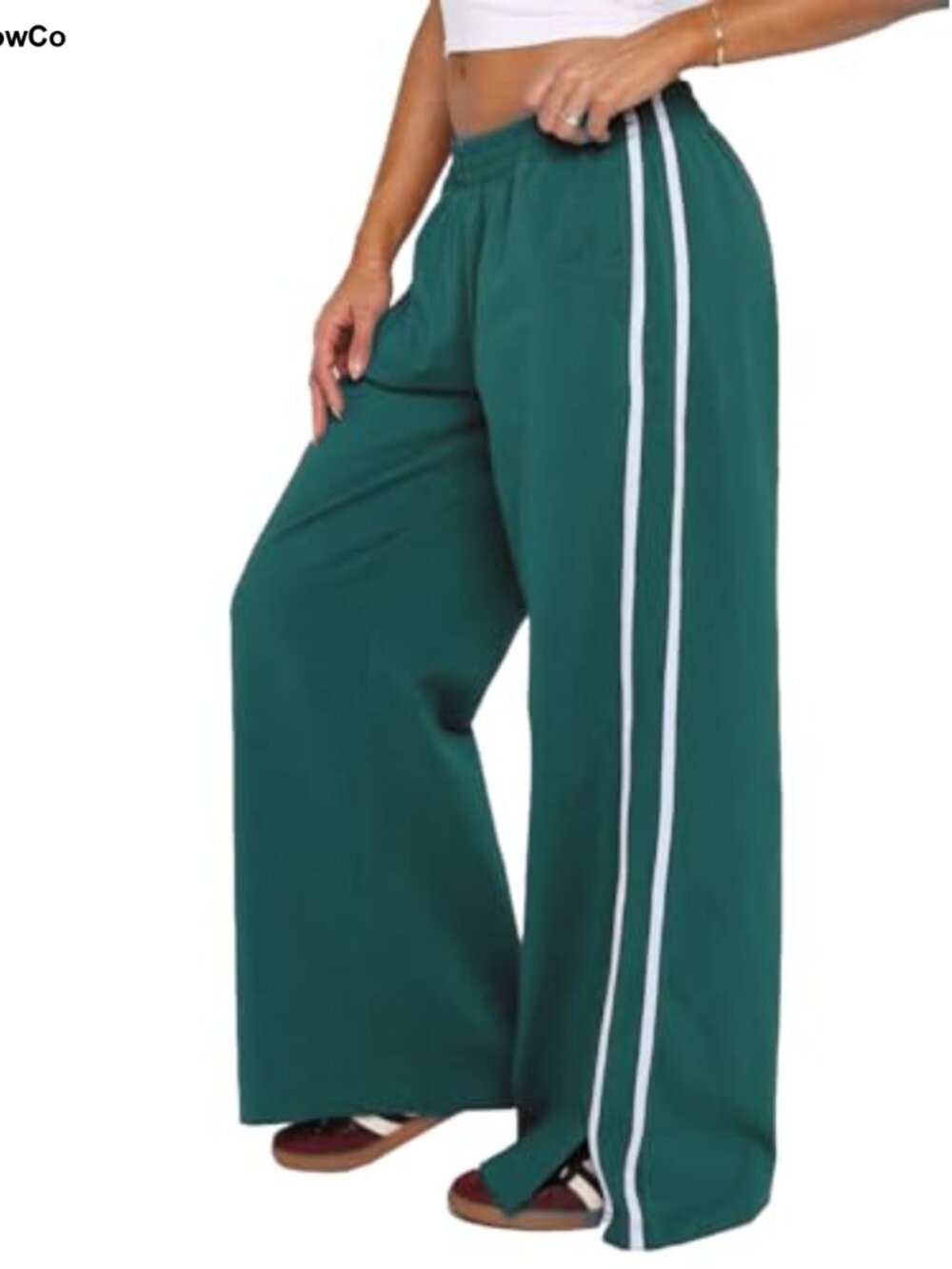 Wide Leg Pants Elasticated Waistband Side Pockets Stripe Split Hem